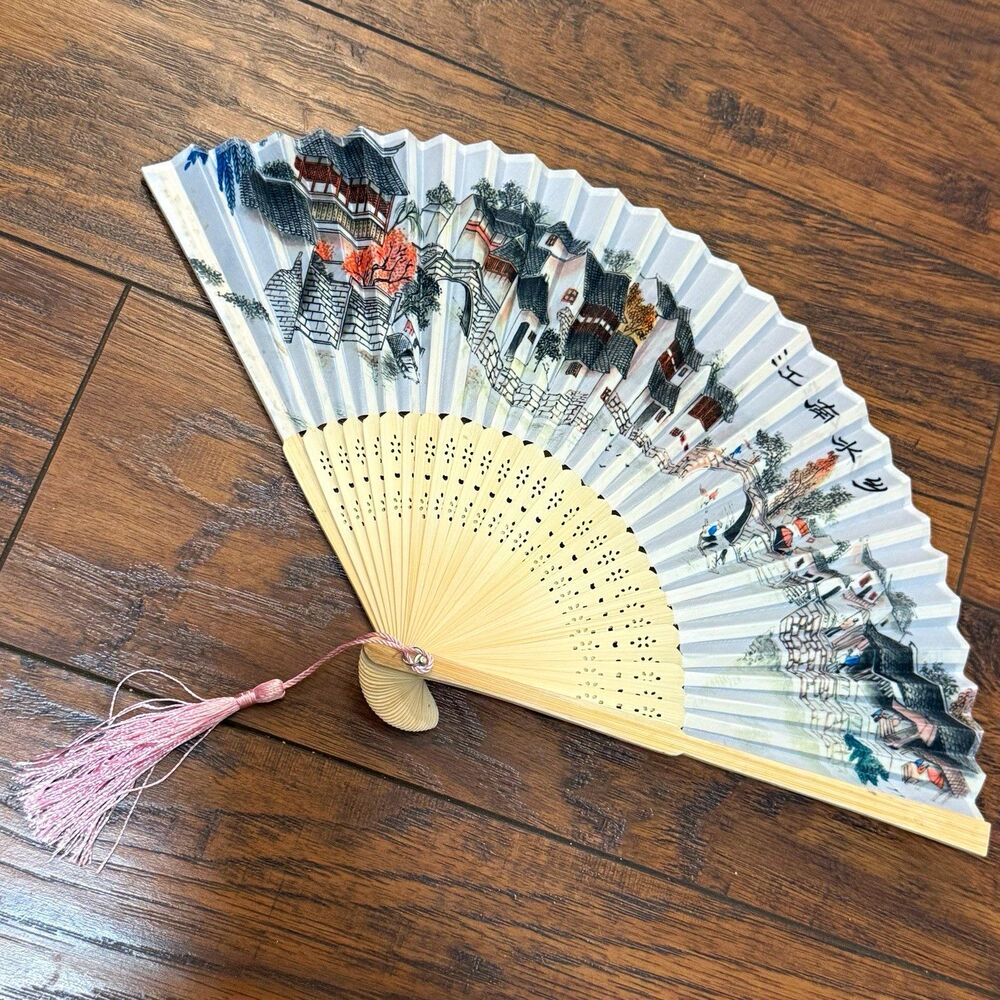 Vintage Folding Bamboo Chinese Hand Fan brush painting, 8.5 in, with tassel W9